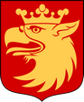 Skånes läns landskapsvapen från Malmö vapensköld gult griphuvud med krona på röd bakgrund